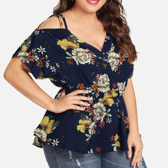 ➕Floral Cold Shoulder Peplum Top - Picture 4 of 6